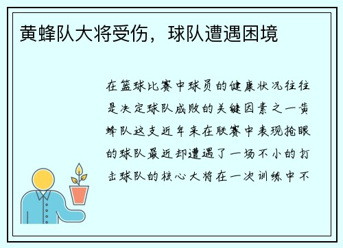黄蜂队大将受伤，球队遭遇困境